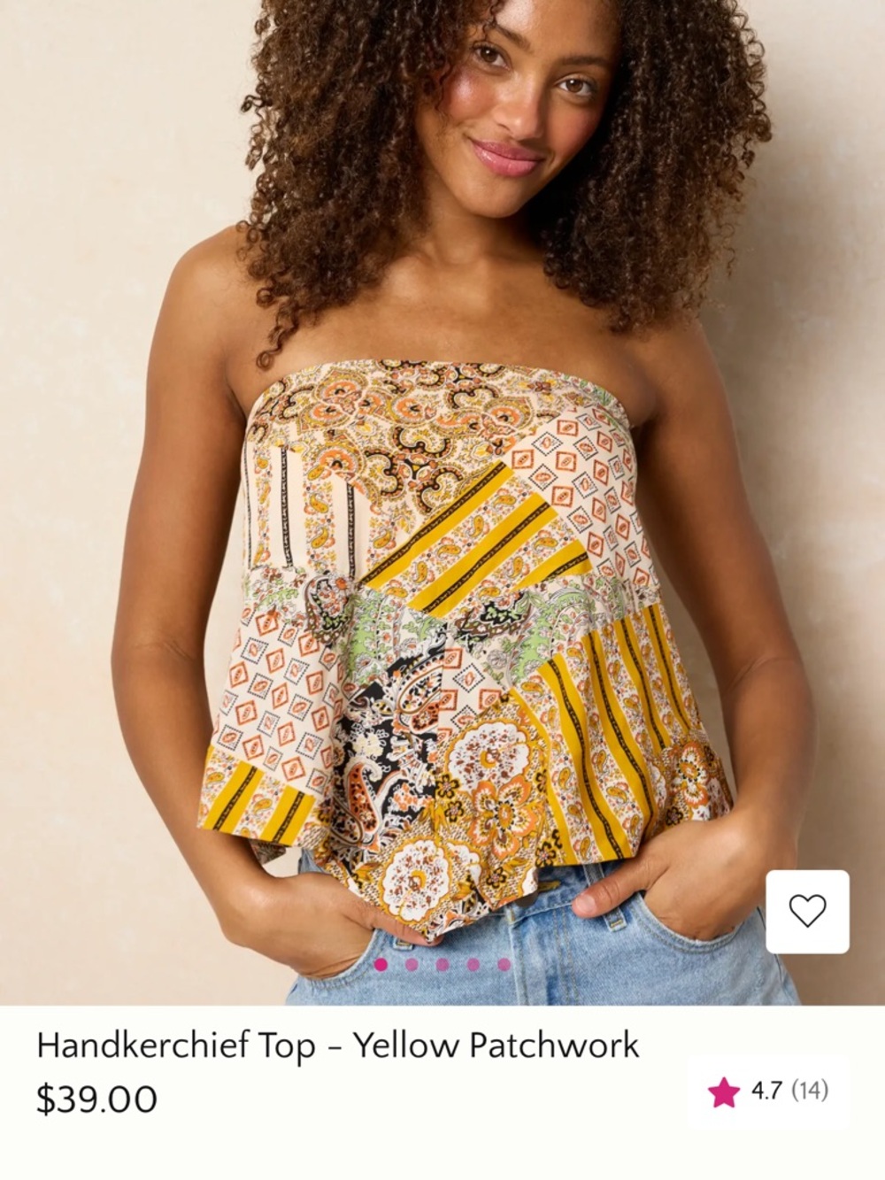 NATURAL LIFE Yellow Patchwork Strapless Handkerchief Top